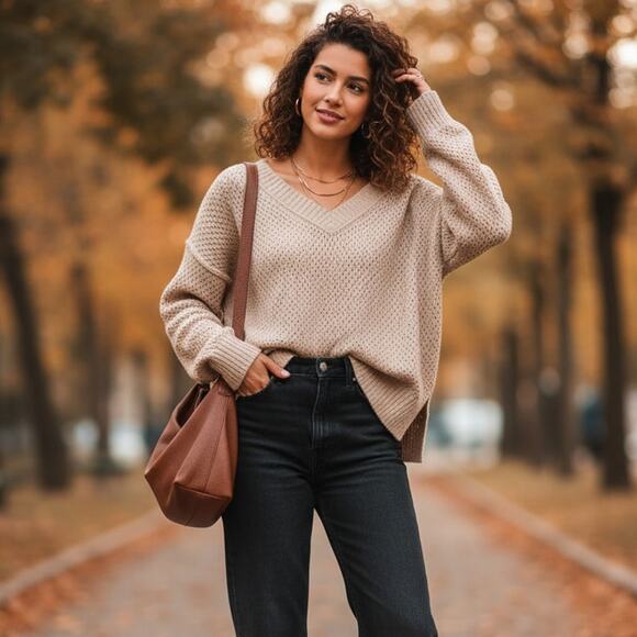 NEW Aerie Womens Open Knit Oversized V-Neck Sweater Medium Y2K Tan Minimalist - Picture 1 of 10